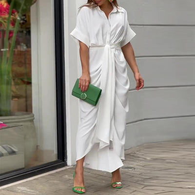 Maxi Dress - Short Sleeve - Belt - Button Up Dress - Summer Dress-Grace Aura
