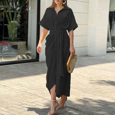Maxi Dress - Short Sleeve - Belt - Button Up Dress - Summer Dress-Grace Aura