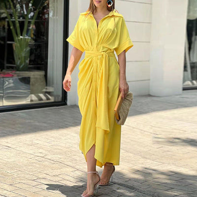 Maxi Dress - Short Sleeve - Belt - Button Up Dress - Summer Dress-Grace Aura