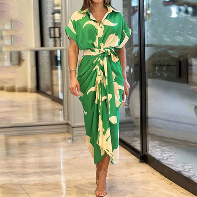 Maxi Dress - Short Sleeve - Belt - Button Up Dress - Summer Dress-Grace Aura