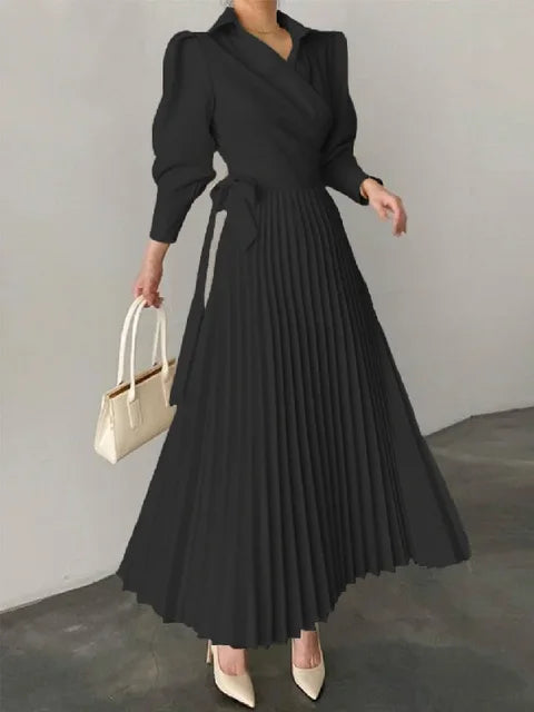 Maxi Dress - Women's Long Sleeve Pad Shoulder Pleated Dress-Grace Aura