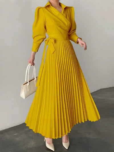 Maxi Dress - Women's Long Sleeve Pad Shoulder Pleated Dress-Grace Aura