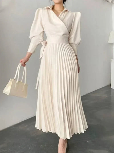 Maxi Dress - Women's Long Sleeve Pad Shoulder Pleated Dress-Grace Aura