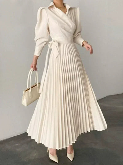 Maxi Dress - Women's Long Sleeve Pad Shoulder Pleated Dress-Grace Aura