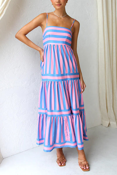 Maxi Sundress - A-Line - Sleeveless - Striped Dress - Summer Maxi Dress-Grace Aura