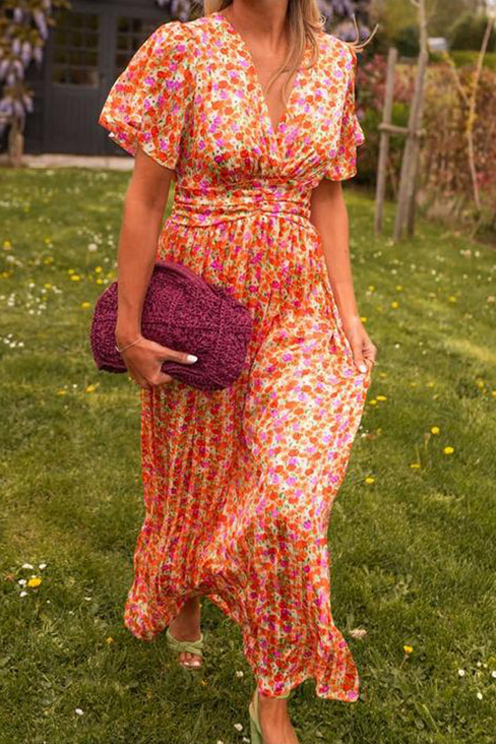 Maxi Sundress - V-Neck - Butterfly Sleeve - Floral Maxi Sundress - Summer Dress-Grace Aura