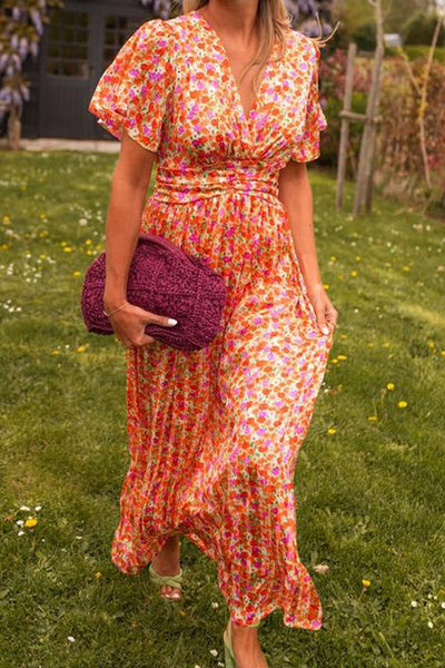 Maxi Sundress - V-Neck - Butterfly Sleeve - Floral Maxi Sundress - Summer Dress-Grace Aura
