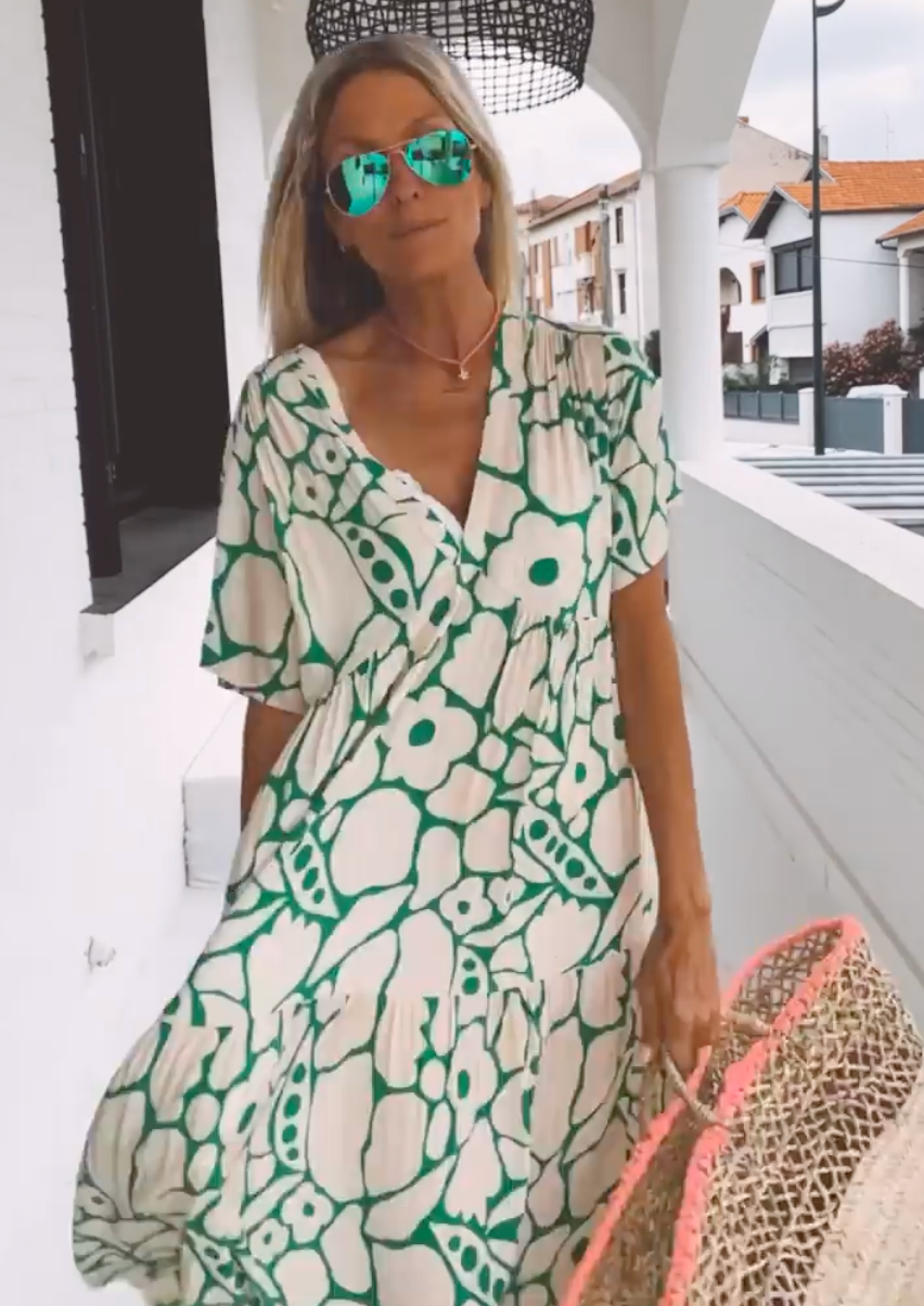 Maxi Sundress - Women's V-Neck Short Sleeve Maxi Summer Dress-Grace Aura