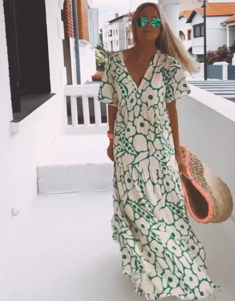 Maxi Sundress - Women's V-Neck Short Sleeve Maxi Summer Dress-Grace Aura