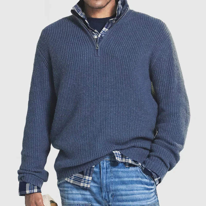 Men's Quarter-Zip Sweater - Rib Knit - Pullover - Polo Jumper - Knitted Jumper-Grace Aura
