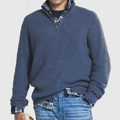 Men's Quarter-Zip Sweater - Rib Knit - Pullover - Polo Jumper - Knitted Jumper-Grace Aura