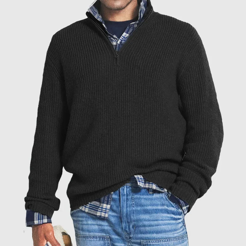 Men's Quarter-Zip Sweater - Rib Knit - Pullover - Polo Jumper - Knitted Jumper-Grace Aura