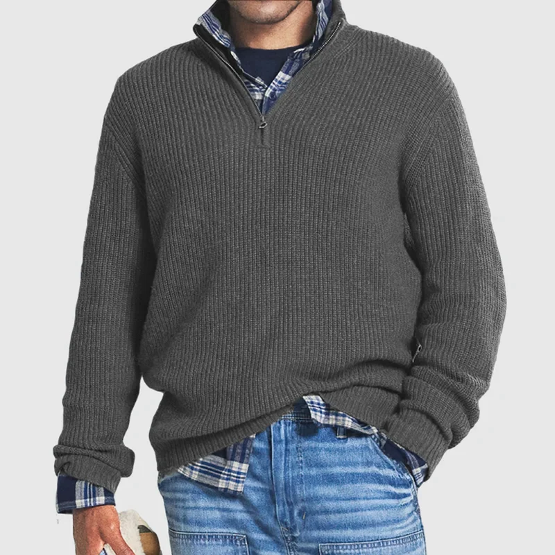 Men's Quarter-Zip Sweater - Rib Knit - Pullover - Polo Jumper - Knitted Jumper-Grace Aura