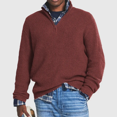 Men's Quarter-Zip Sweater - Rib Knit - Pullover - Polo Jumper - Knitted Jumper-Grace Aura