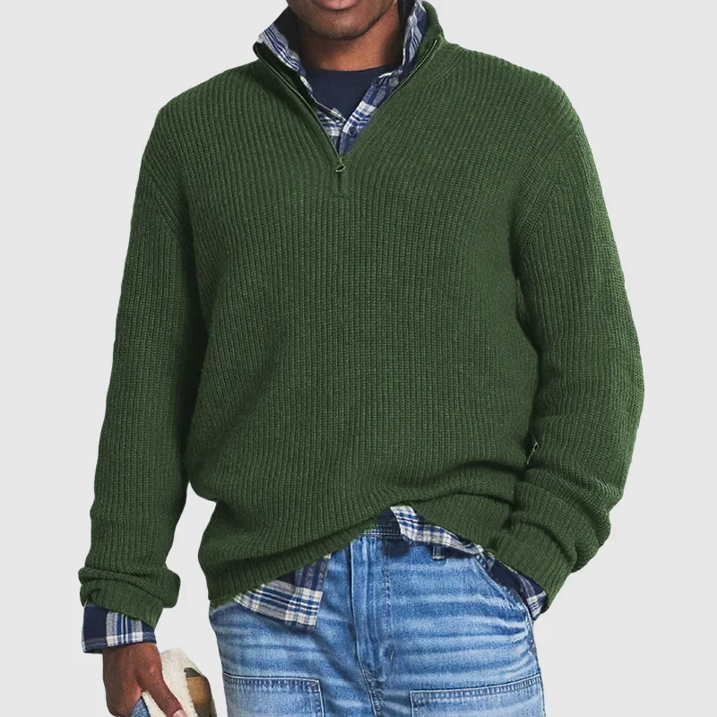 Men's Quarter-Zip Sweater - Rib Knit - Pullover - Polo Jumper - Knitted Jumper-Grace Aura