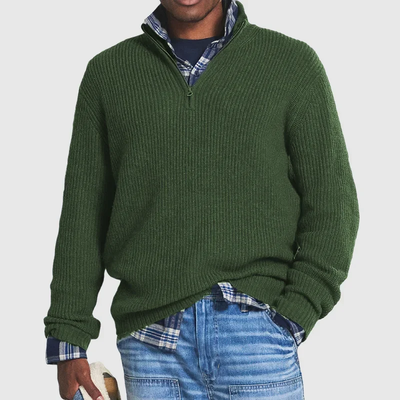 Men's Quarter-Zip Sweater - Rib Knit - Pullover - Polo Jumper - Knitted Jumper-Grace Aura