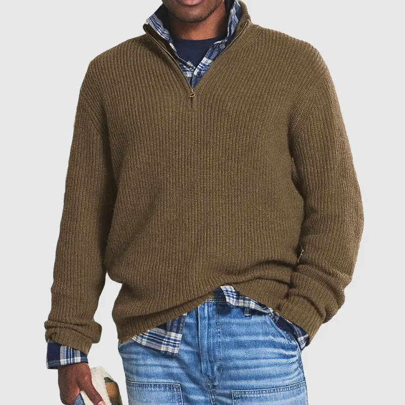 Men's Quarter-Zip Sweater - Rib Knit - Pullover - Polo Jumper - Knitted Jumper-Grace Aura