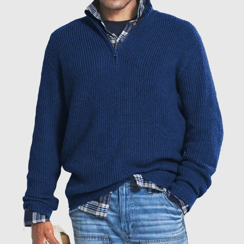 Men's Quarter-Zip Sweater - Rib Knit - Pullover - Polo Jumper - Knitted Jumper-Grace Aura