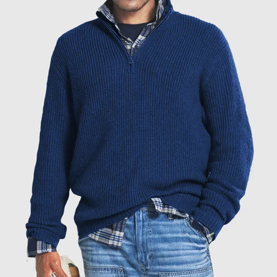 Men's Quarter-Zip Sweater - Rib Knit - Pullover - Polo Jumper - Knitted Jumper-Grace Aura