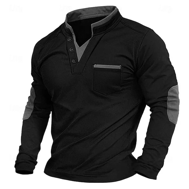 Men's V-Neck Pullover - Elbow Patches - Button Neck - Sweatshirt - Men's Clothing-Grace Aura