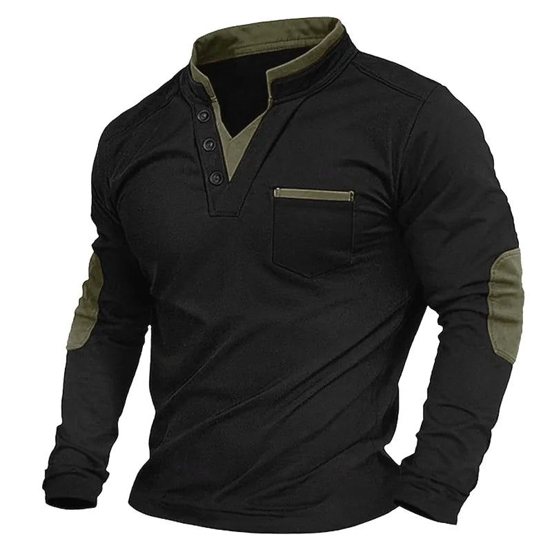 Men's V-Neck Pullover - Elbow Patches - Button Neck - Sweatshirt - Men's Clothing-Grace Aura