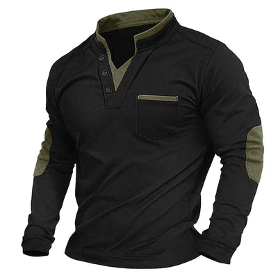 Men's V-Neck Pullover - Elbow Patches - Button Neck - Sweatshirt - Men's Clothing-Grace Aura