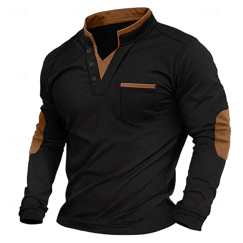 Men's V-Neck Pullover - Elbow Patches - Button Neck - Sweatshirt - Men's Clothing-Grace Aura