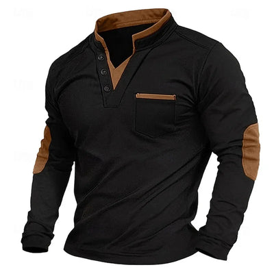 Men's V-Neck Pullover - Elbow Patches - Button Neck - Sweatshirt - Men's Clothing-Grace Aura