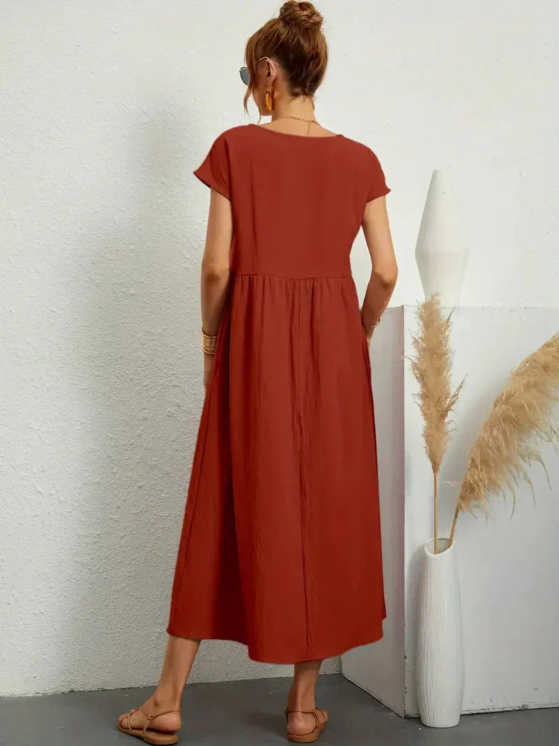 Midi Dress - Loose Fit - Short Sleeve - Long Dress - Summer Dress-Grace Aura