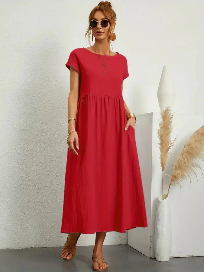 Midi Dress - Loose Fit - Short Sleeve - Long Dress - Summer Dress-Grace Aura