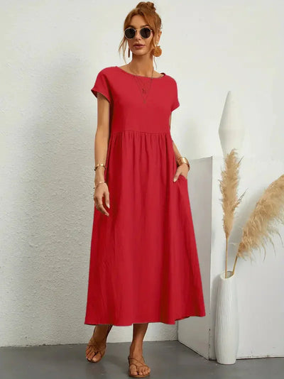 Midi Dress - Loose Fit - Short Sleeve - Long Dress - Summer Dress-Grace Aura