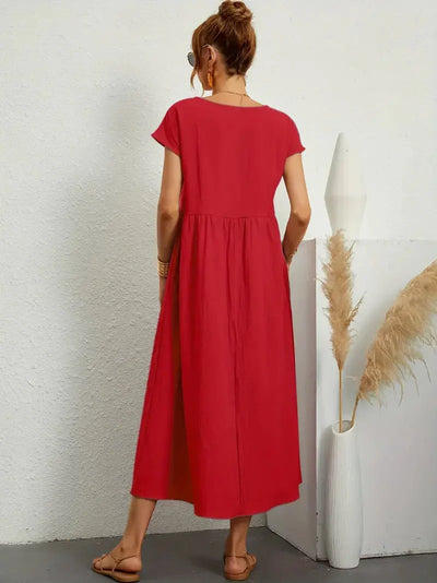 Midi Dress - Loose Fit - Short Sleeve - Long Dress - Summer Dress-Grace Aura
