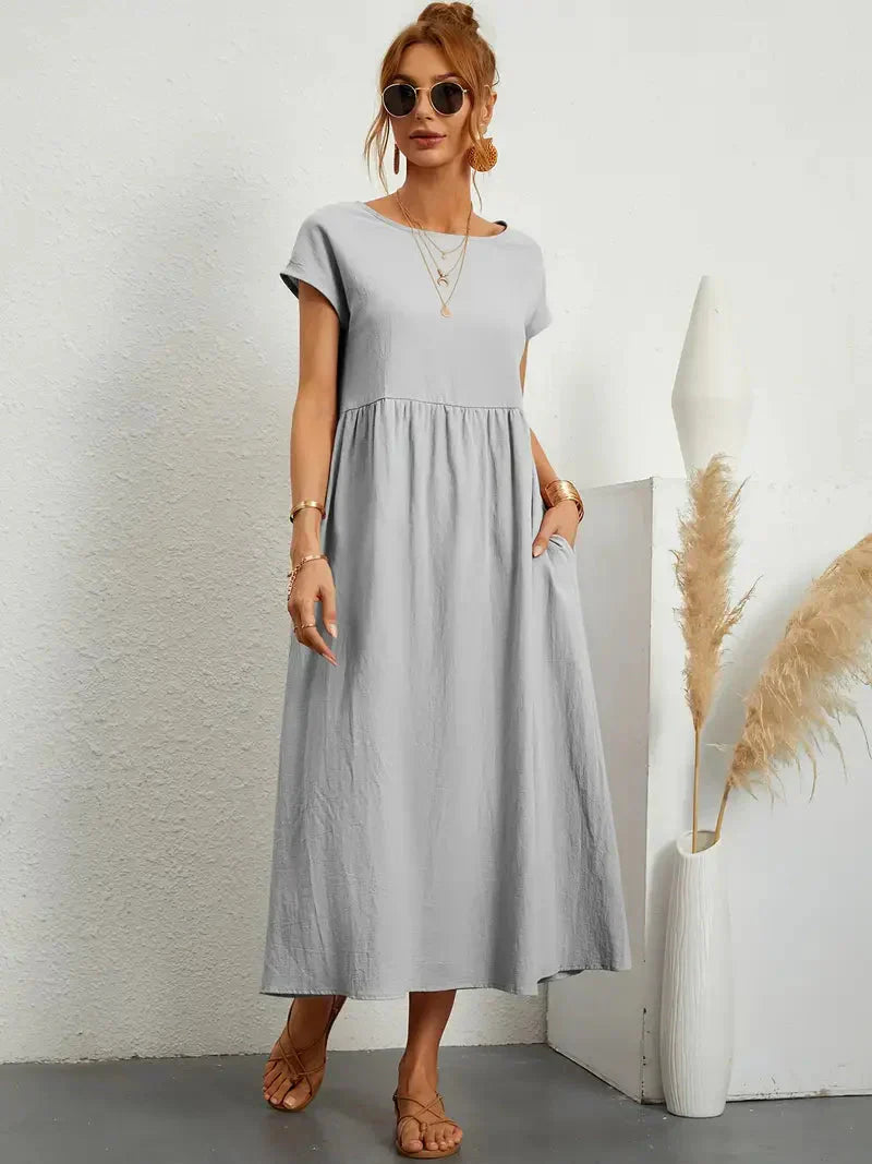 Midi Dress - Loose Fit - Short Sleeve - Long Dress - Summer Dress-Grace Aura