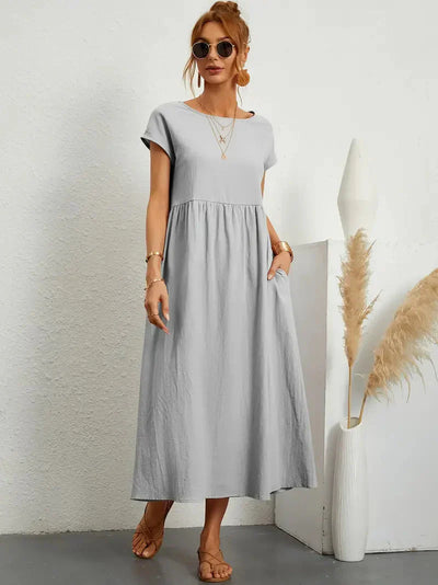 Midi Dress - Loose Fit - Short Sleeve - Long Dress - Summer Dress-Grace Aura