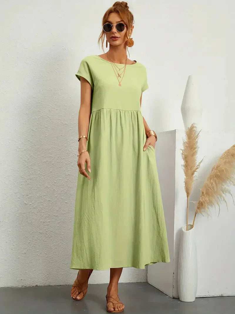 Midi Dress - Loose Fit - Short Sleeve - Long Dress - Summer Dress-Grace Aura