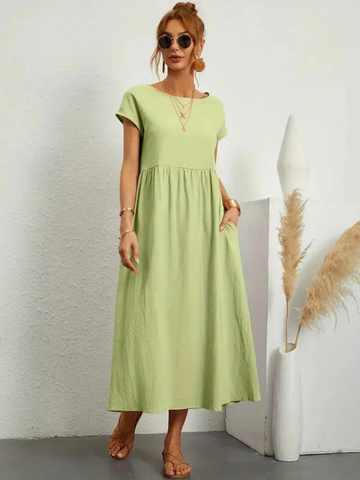 Midi Dress - Loose Fit - Short Sleeve - Long Dress - Summer Dress-Grace Aura