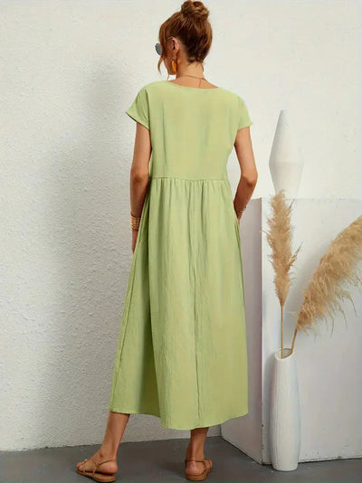 Midi Dress - Loose Fit - Short Sleeve - Long Dress - Summer Dress-Grace Aura