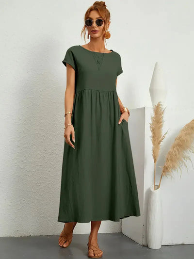 Midi Dress - Loose Fit - Short Sleeve - Long Dress - Summer Dress-Grace Aura