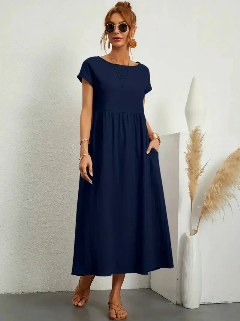 Midi Dress - Loose Fit - Short Sleeve - Long Dress - Summer Dress-Grace Aura