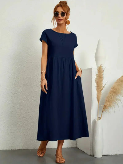 Midi Dress - Loose Fit - Short Sleeve - Long Dress - Summer Dress-Grace Aura