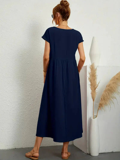 Midi Dress - Loose Fit - Short Sleeve - Long Dress - Summer Dress-Grace Aura