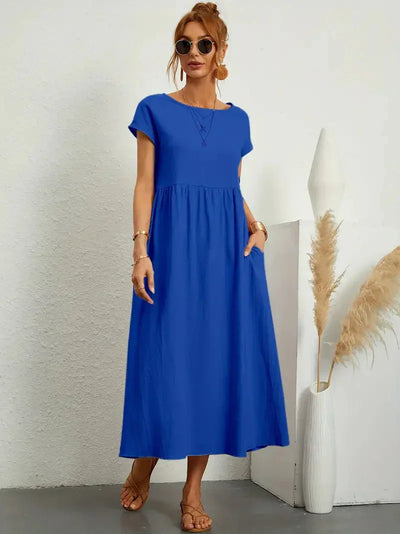 Midi Dress - Loose Fit - Short Sleeve - Long Dress - Summer Dress-Grace Aura