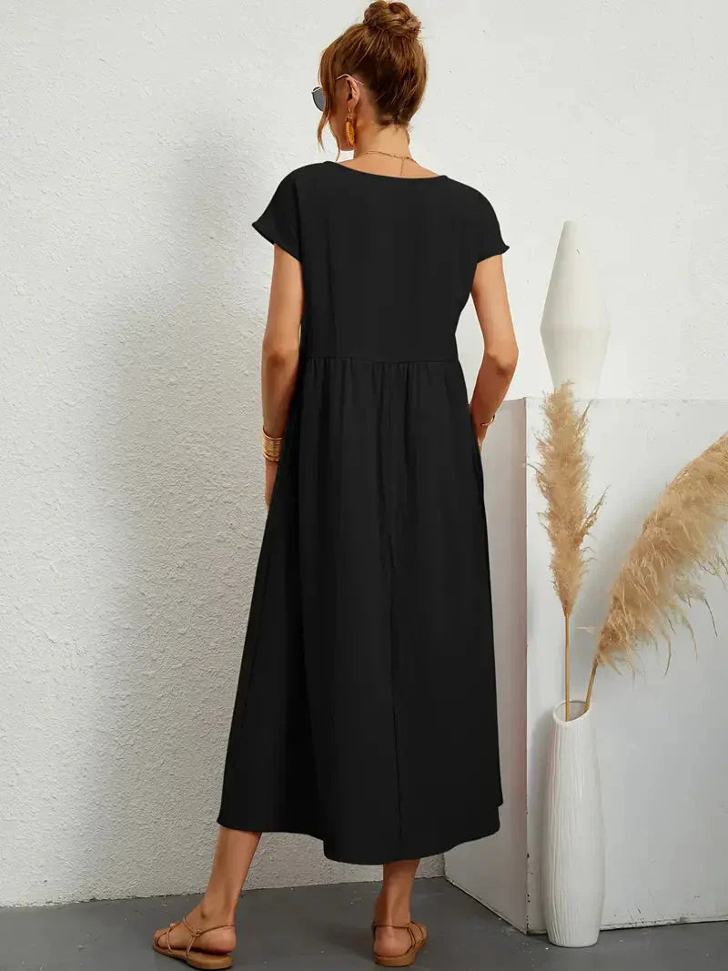 Midi Dress - Loose Fit - Short Sleeve - Long Dress - Summer Dress-Grace Aura