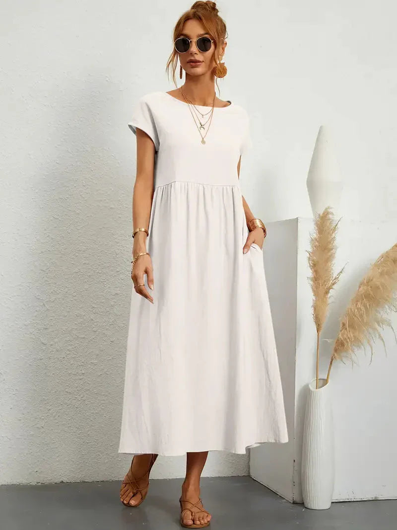 Midi Dress - Loose Fit - Short Sleeve - Long Dress - Summer Dress-Grace Aura