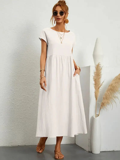 Midi Dress - Loose Fit - Short Sleeve - Long Dress - Summer Dress-Grace Aura
