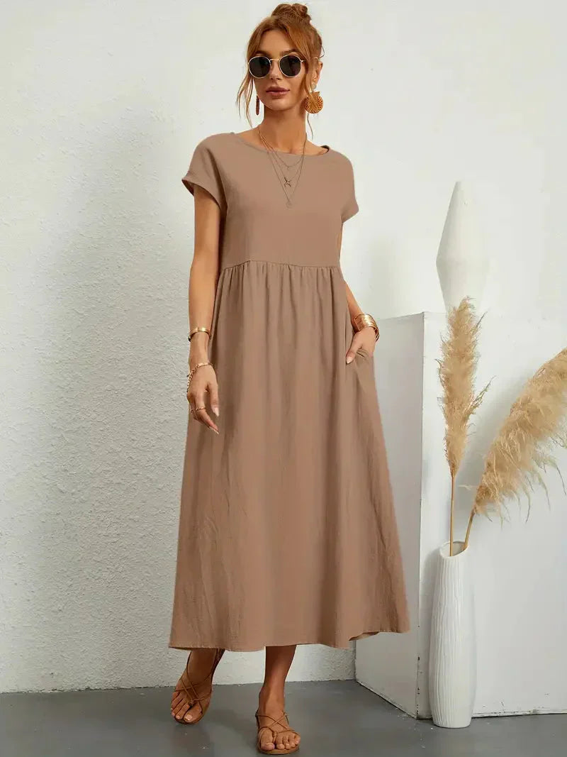Midi Dress - Loose Fit - Short Sleeve - Long Dress - Summer Dress-Grace Aura