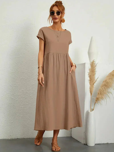 Midi Dress - Loose Fit - Short Sleeve - Long Dress - Summer Dress-Grace Aura