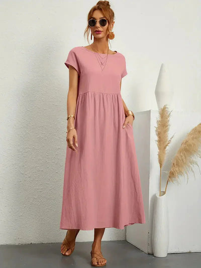 Midi Dress - Loose Fit - Short Sleeve - Long Dress - Summer Dress-Grace Aura