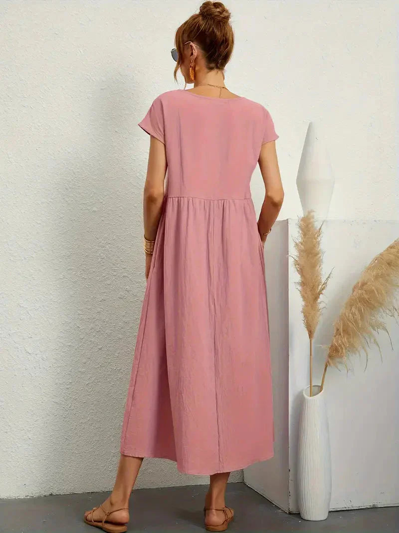 Midi Dress - Loose Fit - Short Sleeve - Long Dress - Summer Dress-Grace Aura