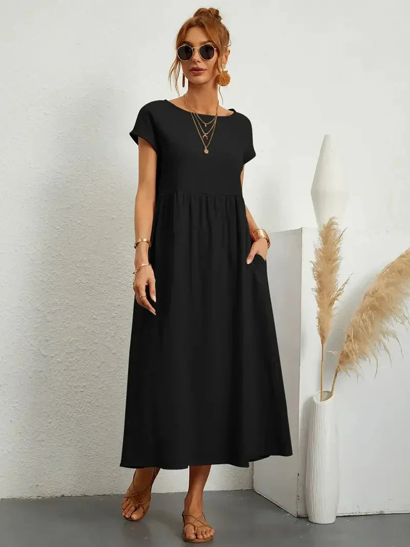 Midi Dress - Loose Fit - Short Sleeve - Long Dress - Summer Dress-Grace Aura